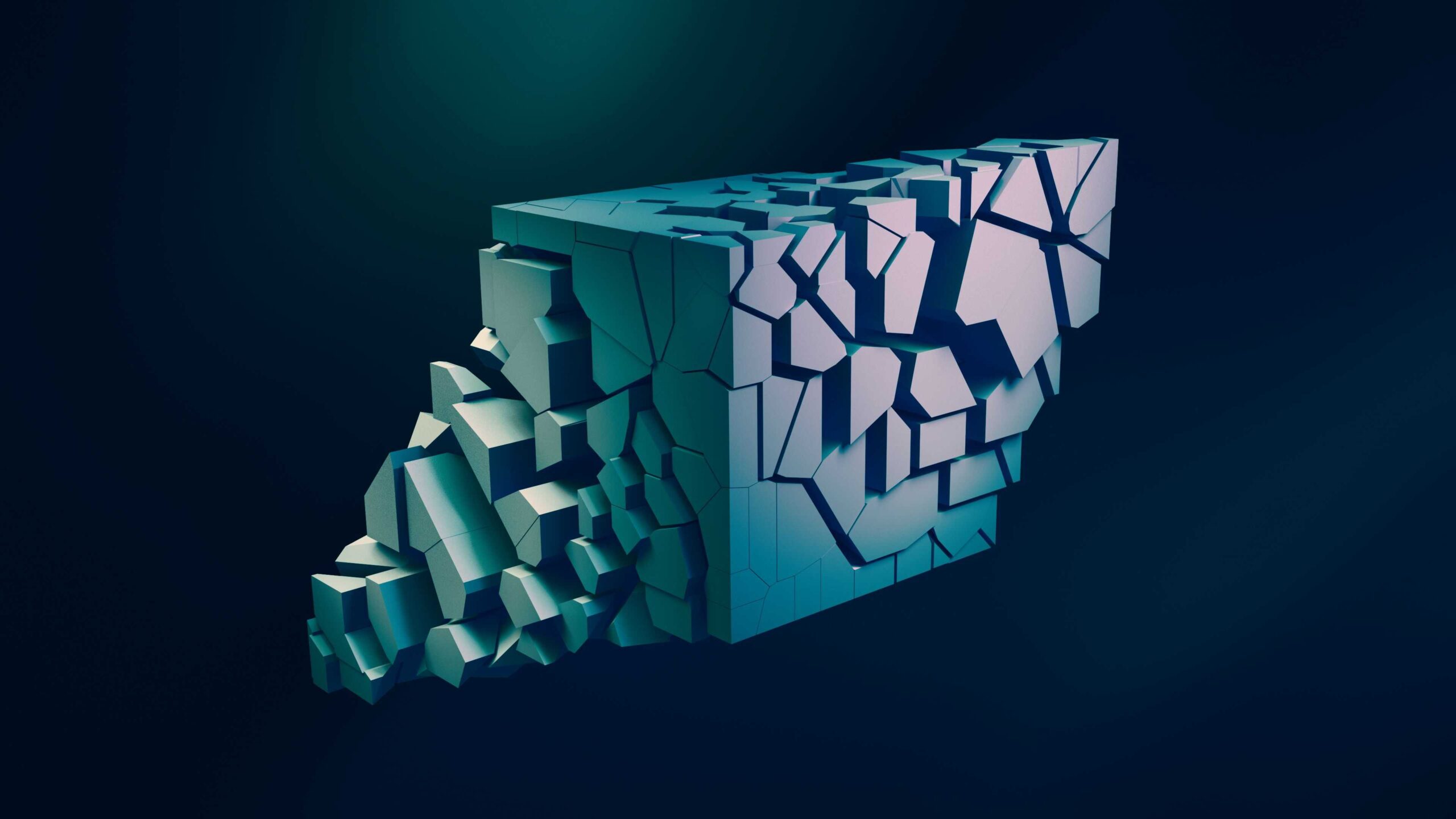A geometric shape gradually dissolving into scattered fragments.