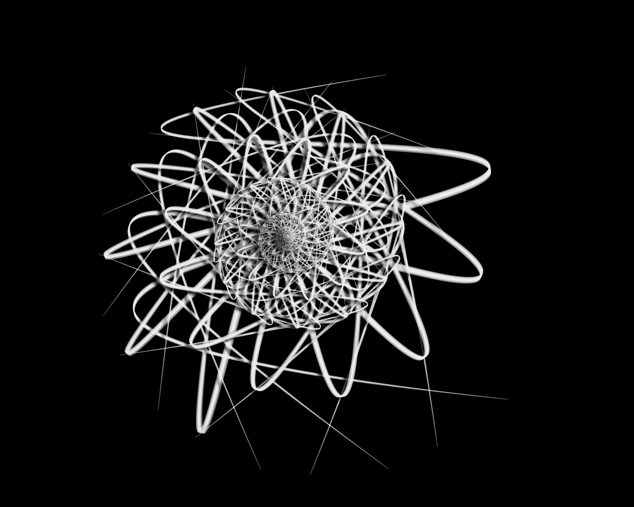Abstract swirling geometric form with a shell-like center and particles moving outward