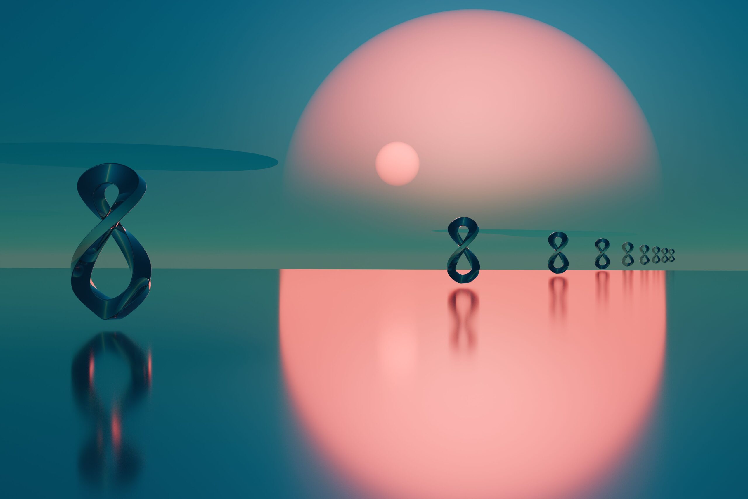 Abstract infinite landscape with circular forms and number eights moving through a sunset-like horizon